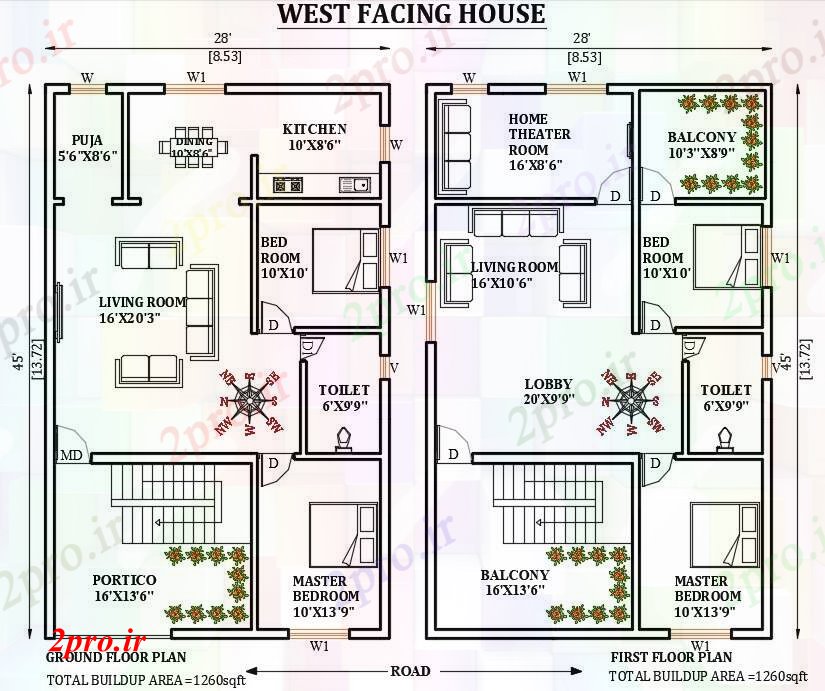 دانلود نقشه مسکونی  ، ویلایی ، آپارتمان  طرحی خانه رو به شمال 28'x45    (کد165921)