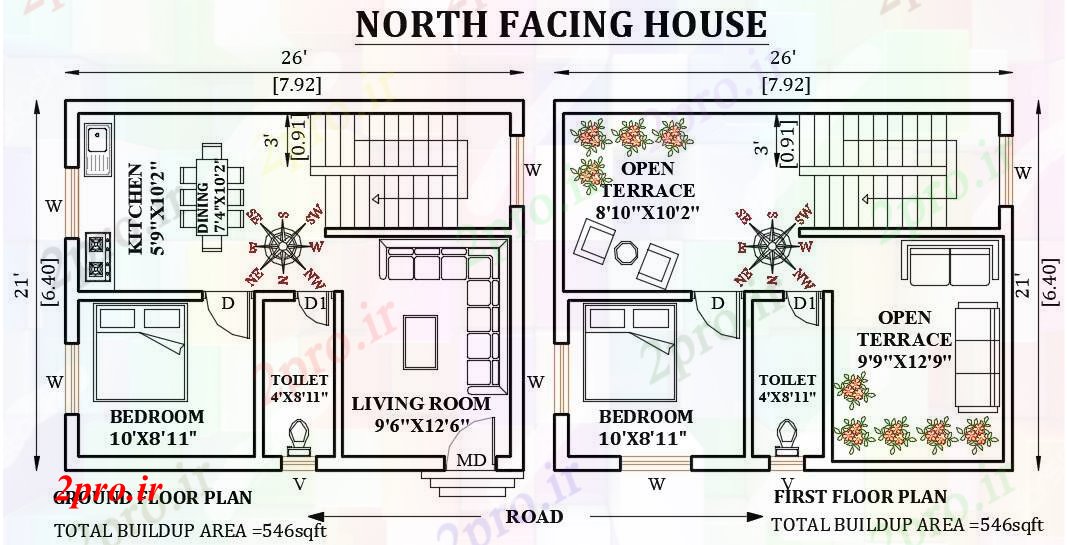 دانلود نقشه مسکونی ، ویلایی ، آپارتمان طرحی خانه رو به شمال 26'x21 6 در 8 متر (کد165970)