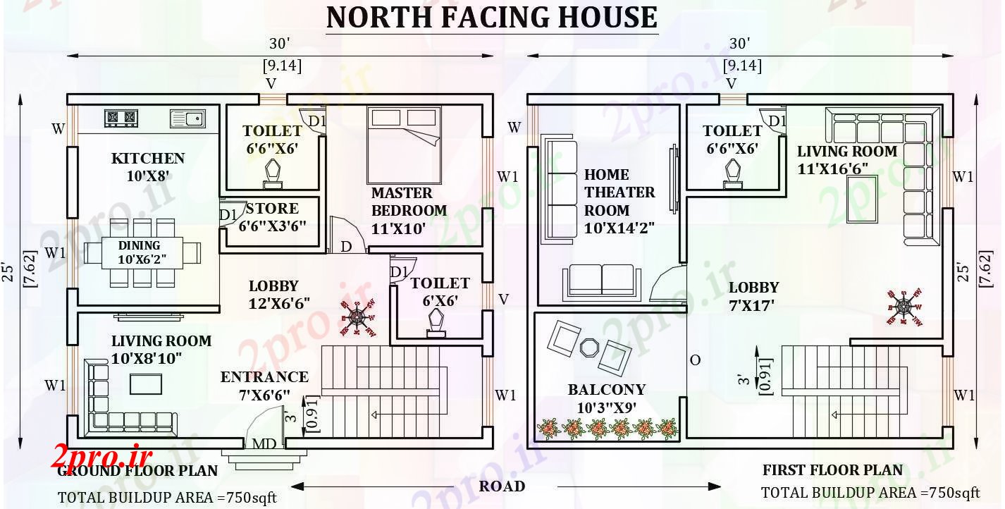دانلود نقشه مسکونی ، ویلایی ، آپارتمان طرحی خانه رو به شمال 30'x45 ، 7 در 9 متر (کد165971)