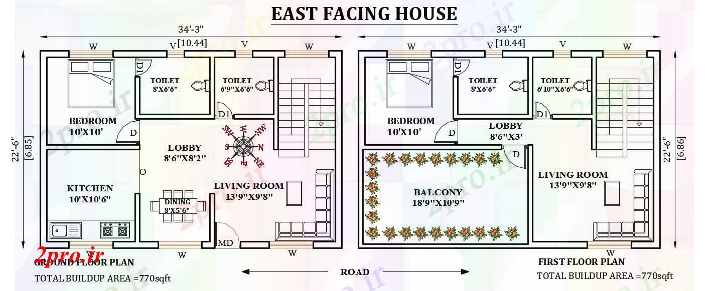 دانلود نقشه مسکونی ، ویلایی ، آپارتمان طرحی خانه رو به شرق 34'x23 7 در 10 متر (کد165972)