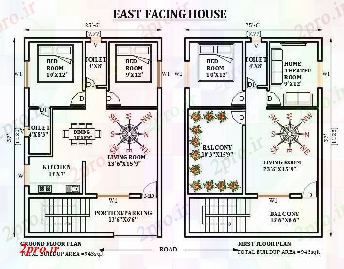 دانلود نقشه مسکونی ، ویلایی ، آپارتمان طرحی خانه رو به شرق 25'x37 8 در 11 متر (کد165973)
