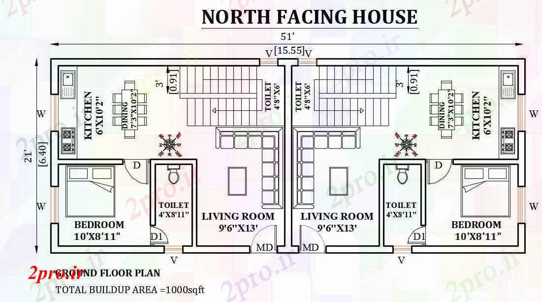 دانلود نقشه طرحی خانه رو به شرق 51'x21 6 در 15 متر (کد165976)