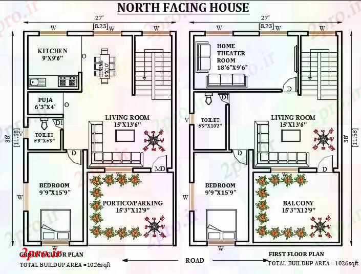 دانلود نقشه طرحی خانه رو به شمال 27'x38 اتوکد 7 در 11 متر (کد165981)