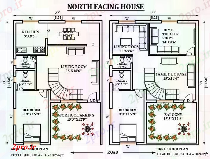 دانلود نقشه مسکونی ، ویلایی ، آپارتمان طرحی خانه رو به شمال 27'x38 8 در 11 متر (کد165982)