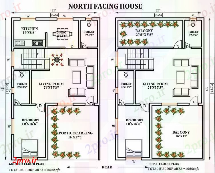 دانلود نقشه مسکونی ، ویلایی ، آپارتمان طرحی خانه رو به شمال 27'x45 8 در 13 متر (کد165989)