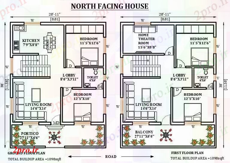 دانلود نقشه مسکونی ، ویلایی ، آپارتمان طرحی خانه رو به شمال 29'x38 8 در 11 متر (کد165991)