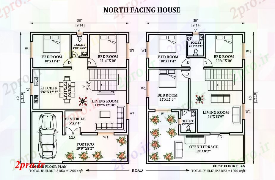 دانلود نقشه مسکونی ، ویلایی ، آپارتمان طرحی خانه رو به شمال 30'x40 9 در 12 متر (کد165992)