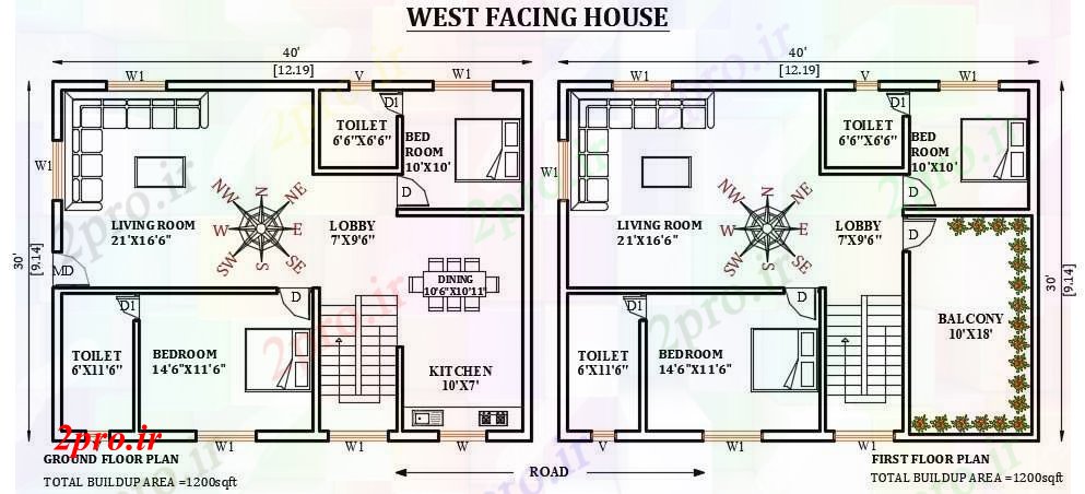 دانلود نقشه مسکونی ، ویلایی ، آپارتمان غرب در مواجهه با طرحی خانه 40'x30 9 در 12 متر (کد165993)