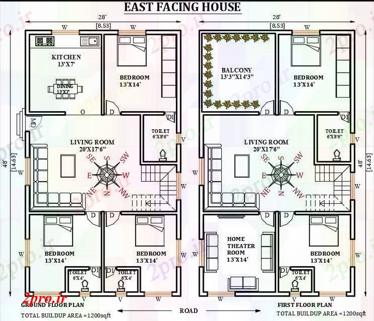 دانلود نقشه مسکونی ، ویلایی ، آپارتمان طرحی خانه رو به شرق 28'x48 8 در 13 متر (کد165994)
