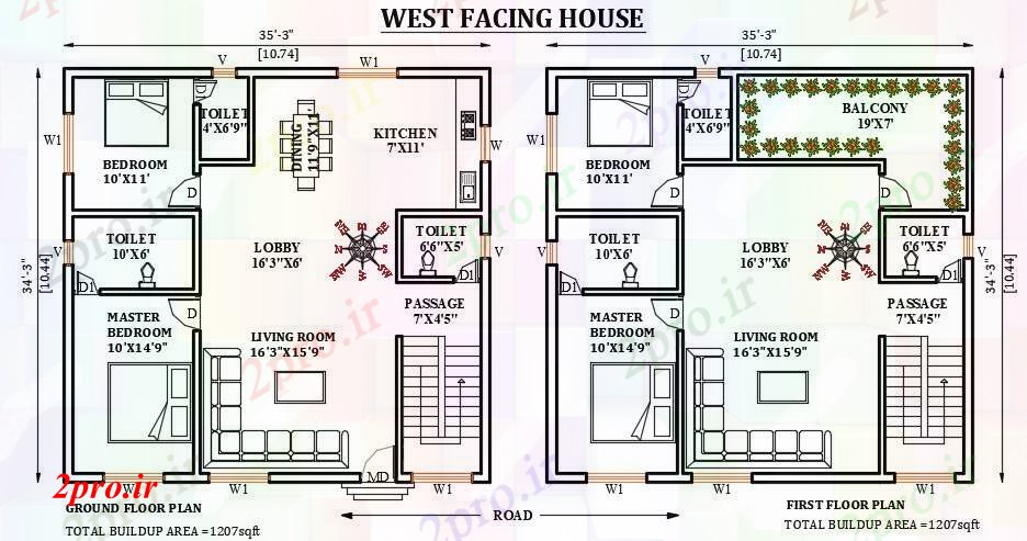 دانلود نقشه مسکونی ، ویلایی ، آپارتمان غرب در مواجهه با طرحی خانه 35'x35 10 در 10 متر (کد165995)