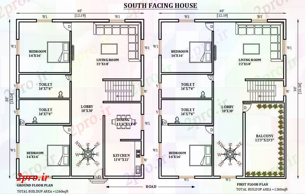 دانلود نقشه مسکونی ، ویلایی ، آپارتمان رو به جنوب طرحی خانه 40'x50 12 در 15 متر (کد165996)