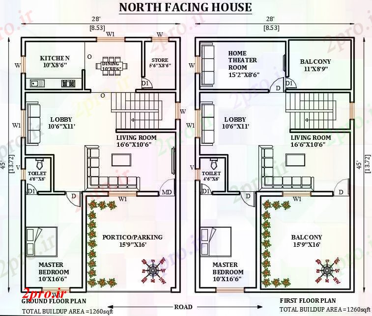 دانلود نقشه مسکونی ، ویلایی ، آپارتمان طرحی خانه رو به شمال 28'x45 8 در 13 متر (کد165997)