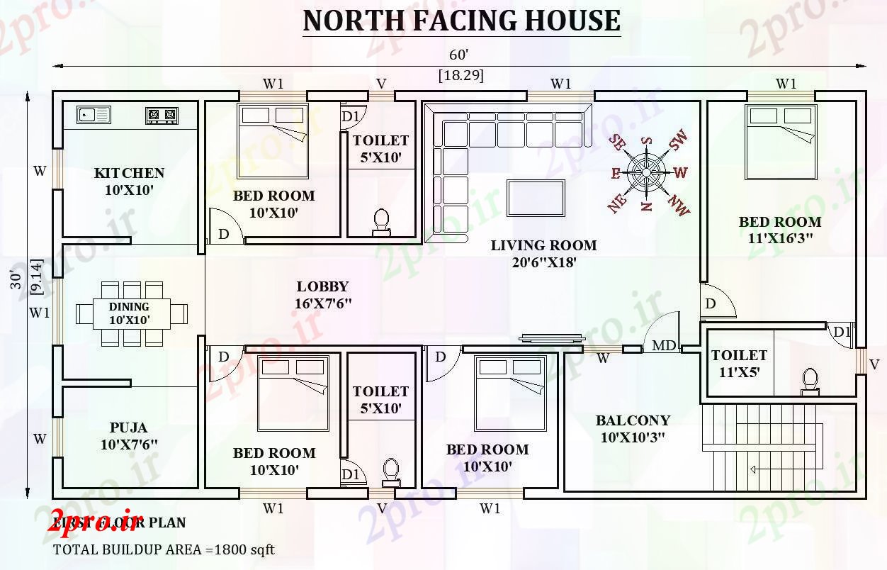 دانلود نقشه مسکونی ، ویلایی ، آپارتمان طرحی خانه رو به شمال 60'x30 9 در 17 متر (کد165999)