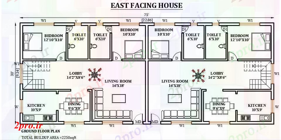 دانلود نقشه مسکونی ، ویلایی ، آپارتمان طرحی خانه رو به شرق 75'x30 اتوکد 9 در 22 متر (کد166002)