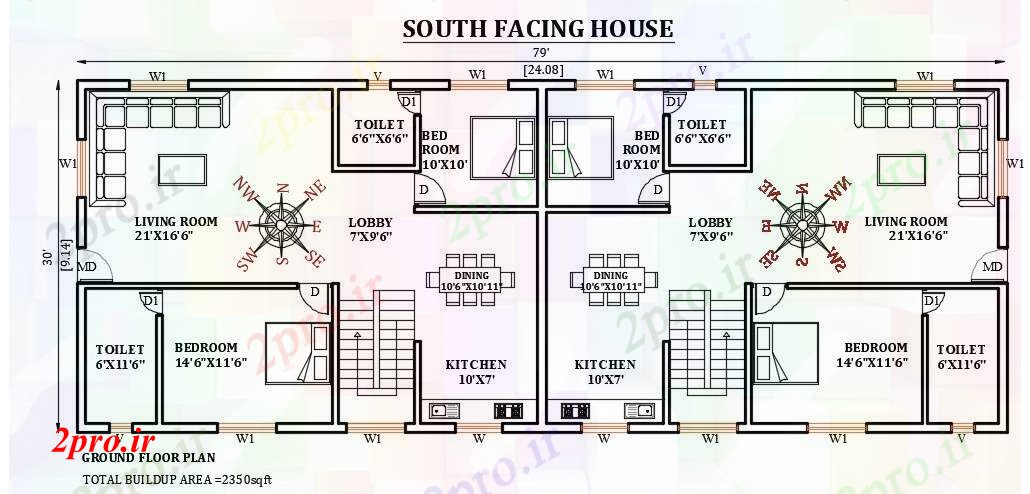 دانلود نقشه مسکونی ، ویلایی ، آپارتمان رو به جنوب طرحی خانه 79'x30 9 در 23 متر (کد166005)