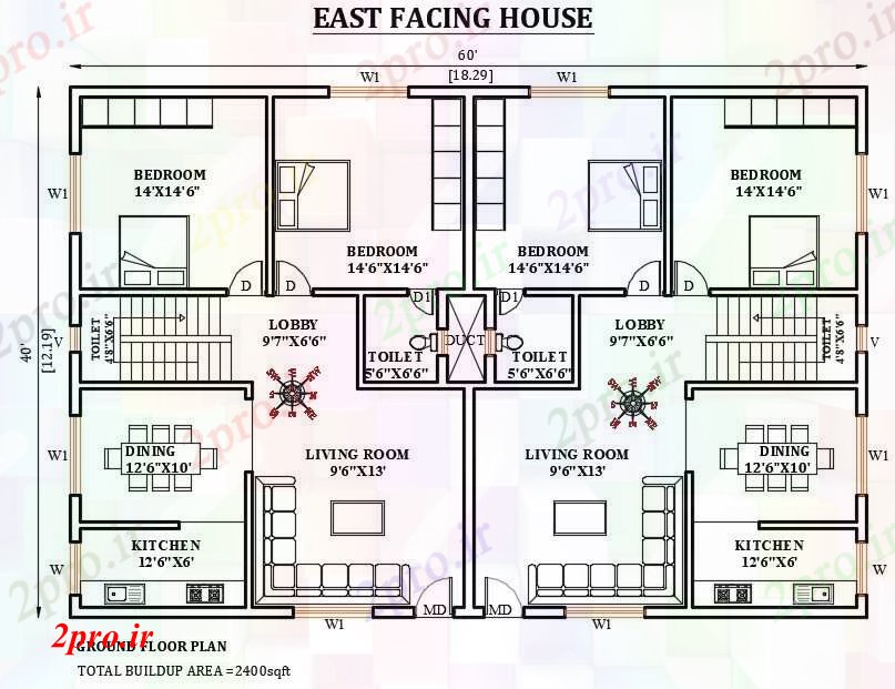 دانلود نقشه مسکونی ، ویلایی ، آپارتمان طرحی خانه رو به شرق 60'x40 12 در 18 متر (کد166007)