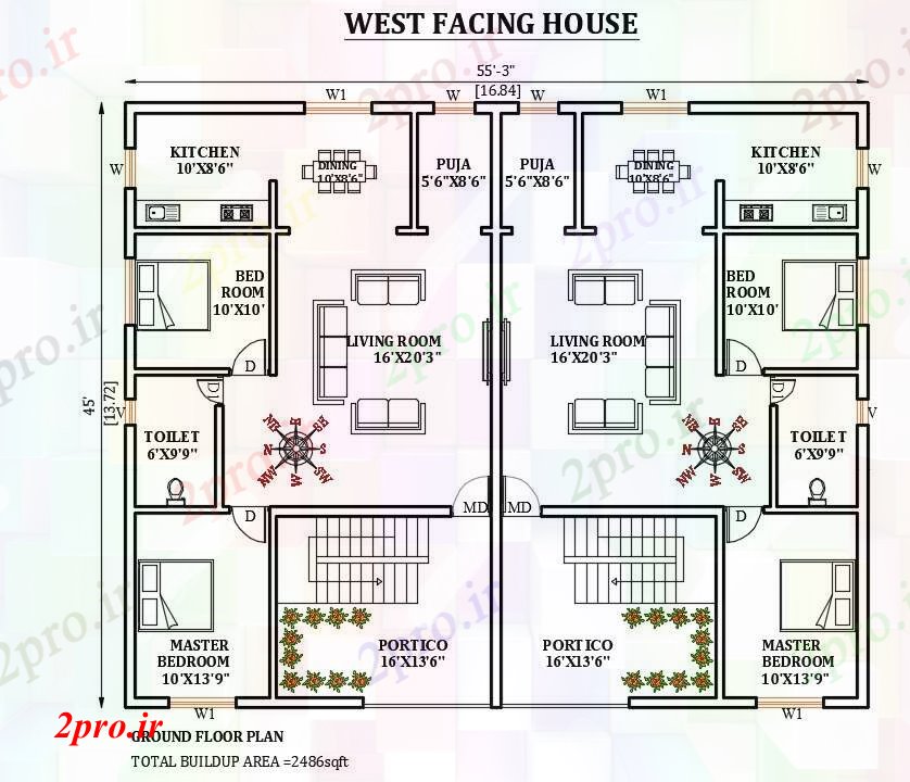 دانلود نقشه مسکونی ، ویلایی ، آپارتمان غرب در مواجهه با طرحی خانه 55'x45 13 در 16 متر (کد166008)