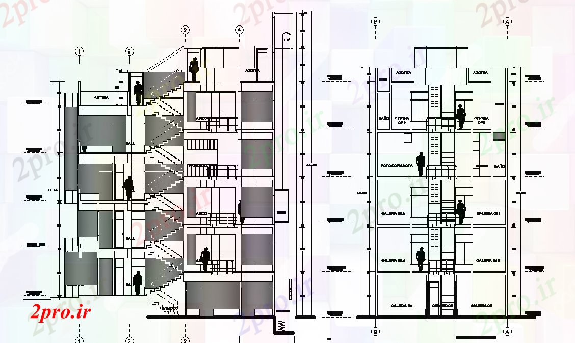 دانلود نقشه ساختمان اداری - تجاری - صنعتی معماری ساختمان اداری (بخشی) نما نشیمن  (کد166033)
