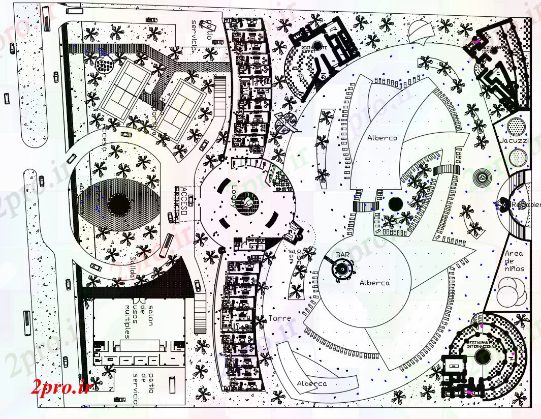 دانلود نقشه هتل - رستوران - اقامتگاه هتل 5 ستاره طرحی جامع اتوکد 65 در 158 متر (کد166056)
