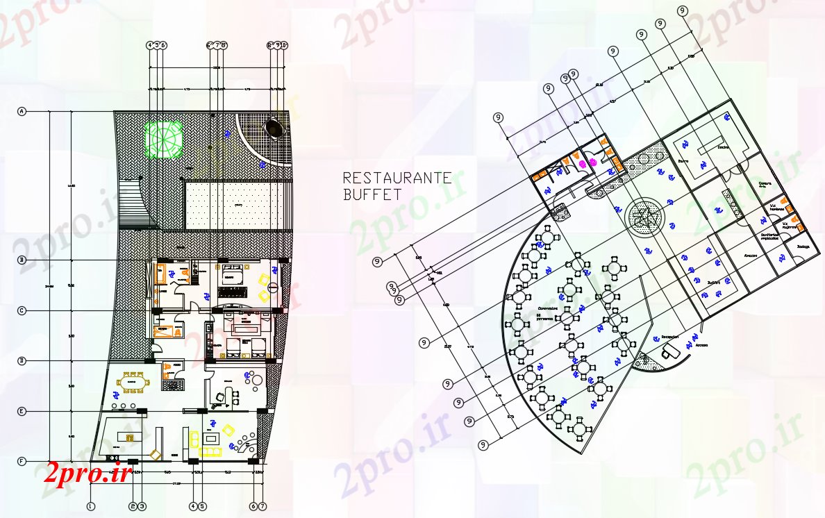 دانلود نقشه هتل - رستوران - اقامتگاه بوفه رستوران طراحی نشیمن با مبلمان 65 در 168 متر (کد166057)