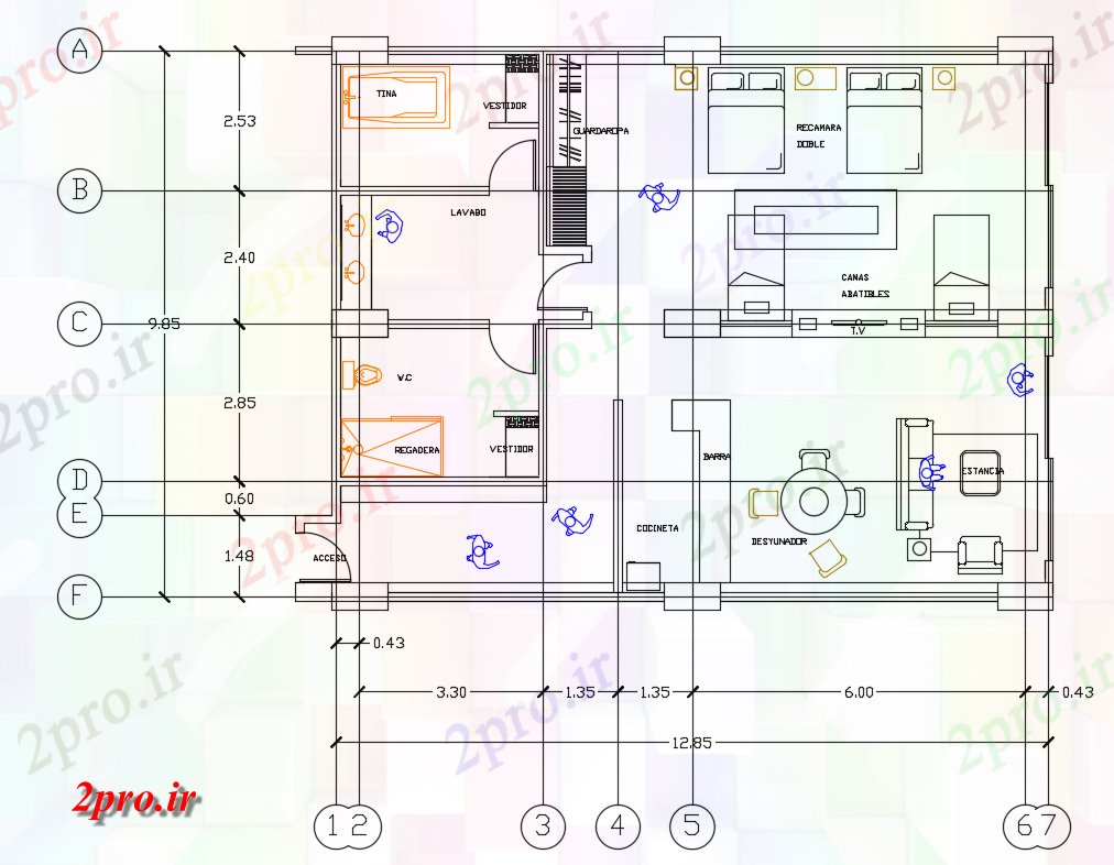 دانلود نقشه مسکونی ، ویلایی ، آپارتمان جزئیات خانه با ابعاد نشیمن 10 در 13 متر (کد166059)