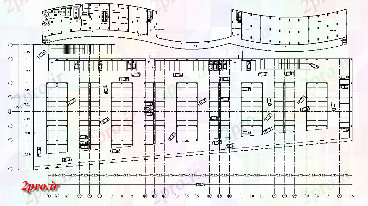 دانلود نقشه هتل - رستوران - اقامتگاه هتل ساختمان زیرزمین پارکینگ 65 در 168 متر (کد166060)