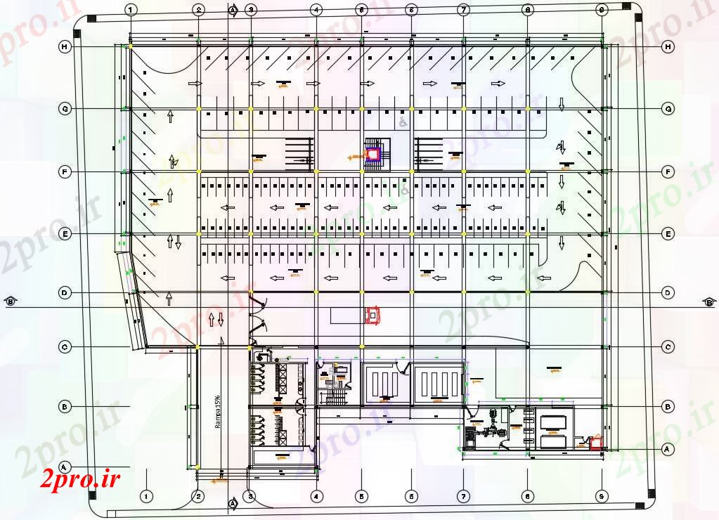دانلود نقشه ساختمان اداری - تجاری - صنعتی طبقه زیرزمین جزئیات طراحی پارکینگ مشخص 60 در 69 متر (کد166086)