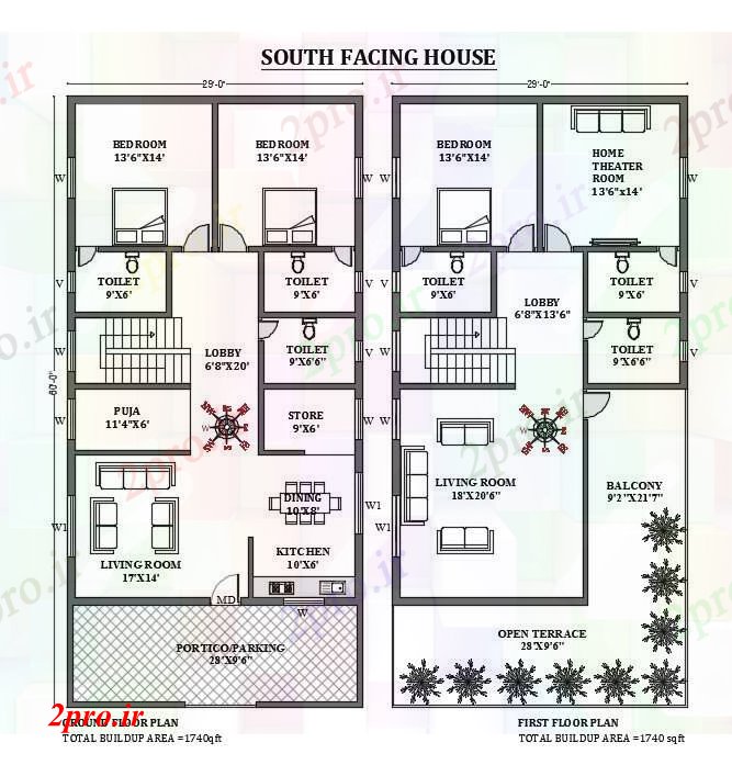 دانلود نقشه مسکونی ، ویلایی ، آپارتمان X60، جنوبی، رو طرحی خانه با توجه به شرا Vastu را دو بعدی 9 در 17 متر (کد166121)