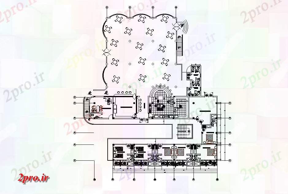 دانلود نقشه هتل - رستوران - اقامتگاه طرحی طبقه جزئیات طراحی 27 در 33 متر (کد166140)