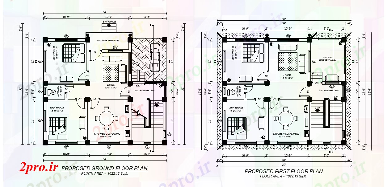 دانلود نقشه خانه های کوچک ، نگهبانی ، سازمانی - منطقه sqft از طرحی طبقه ویلا 9 در 9 متر (کد166219)