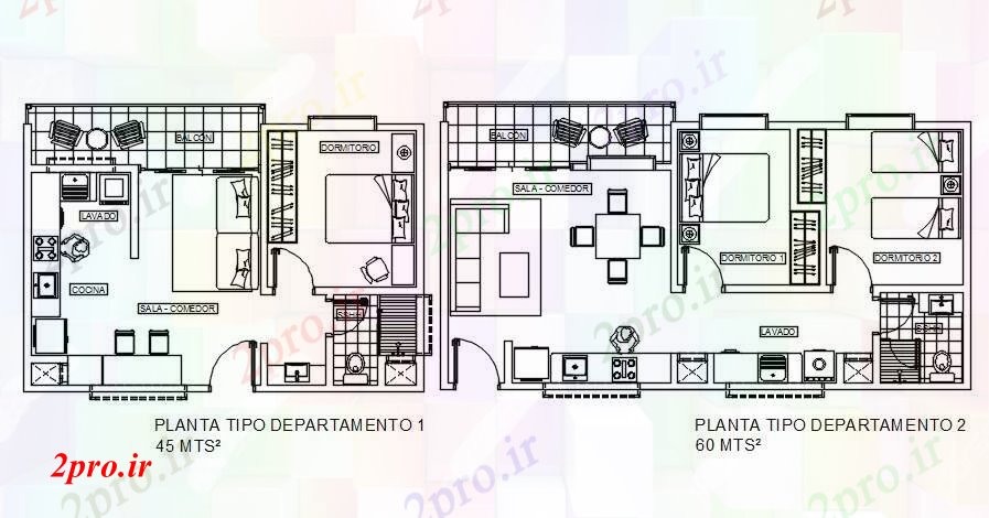دانلود نقشه مسکونی  ، ویلایی ، آپارتمان  طرحی خانه 2BHK     دو بعدی  (کد166327)