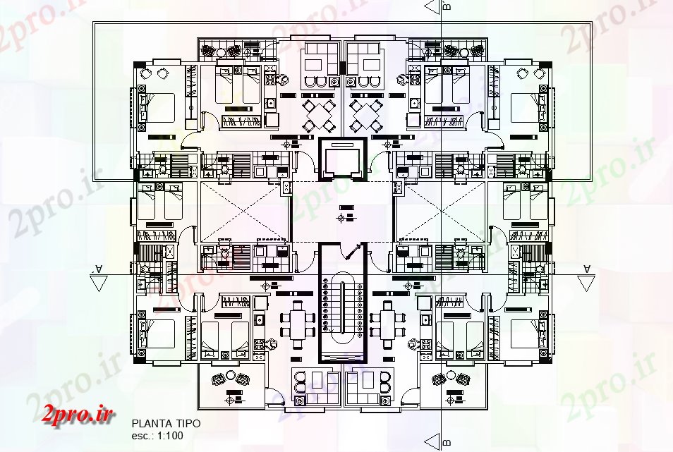 دانلود نقشه مسکونی  ، ویلایی ، آپارتمان  چهار بلوک آپارتمان   طرحی طبقه معمولی        (کد166359)