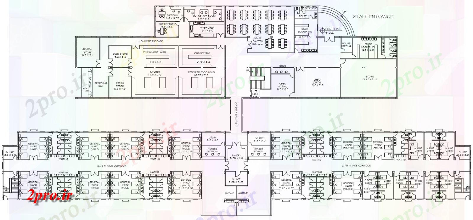 دانلود نقشه بیمارستان - درمانگاه - کلینیک بیمارستان طرحی با مبلمان چیدمان 17 در 111 متر (کد166408)