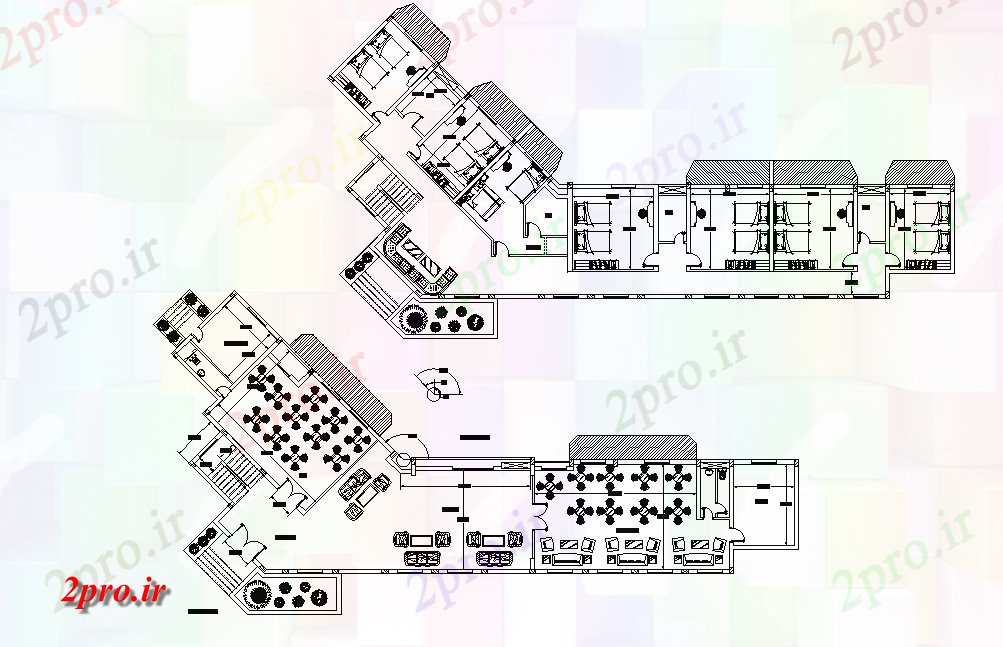 دانلود نقشه هتل - رستوران - اقامتگاه هتل طرحی طبقه با مبلمان چیدمان 14 در 21 متر (کد166481)