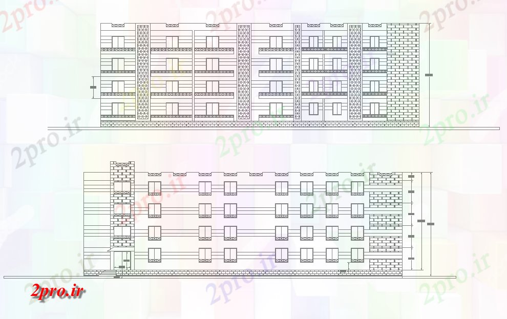 دانلود نقشه هتل - رستوران - اقامتگاه  G + 3 طبقه هتل ساختمان جلو و سمت نمای (کد166484)