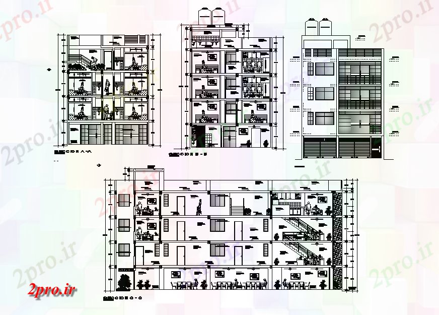 دانلود نقشه هتل - رستوران - اقامتگاه  G + 3 طبقه هتل ساختمان بخش و جلو نما (کد166517)