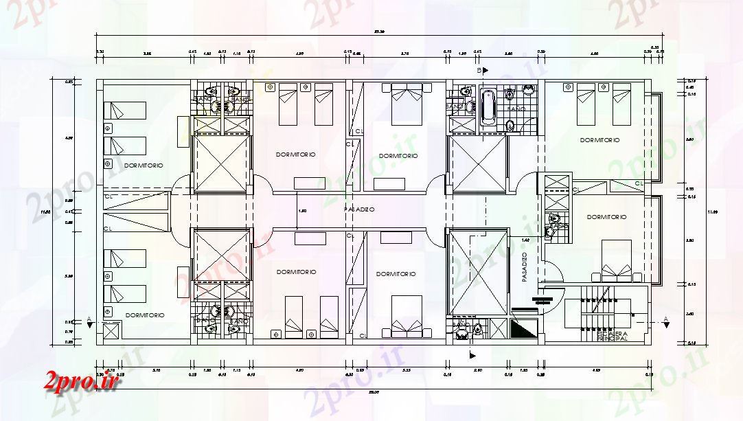 دانلود نقشه دانشگاه ، آموزشکده ، مدرسه ، هنرستان ، خوابگاه - طرحی طبقه خوابگاه 12 در 25 متر (کد166533)