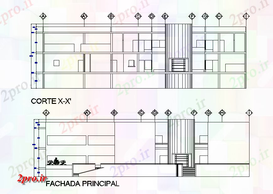 دانلود نقشه ساختمان اداری - تجاری - صنعتی دو طبقه خانه نما نمای اصلی طراحی ارائه 35 در 37 متر (کد166542)