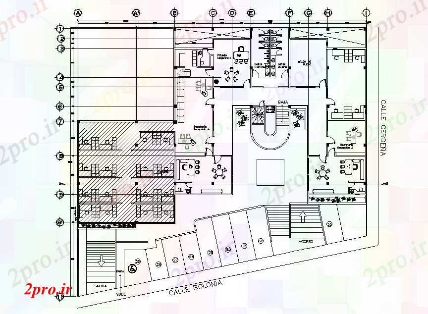 دانلود نقشه ساختمان اداری - تجاری - صنعتی شرکت کف ساختمان طرحی جزئیات مشخص طراحی 35 در 37 متر (کد166543)