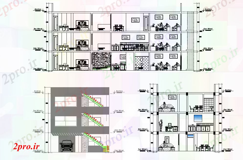 دانلود نقشه مسکونی  ، ویلایی ، آپارتمان  X9 متر آپارتمان   ساختمان بخش و جلو نما (کد166581)