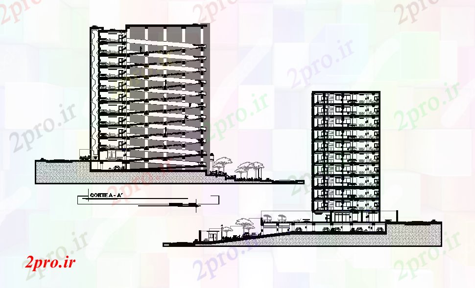 دانلود نقشه ساختمان اداری - تجاری - صنعتی تجاری بخش ساختمان جزئیات مشخص 18 در 24 متر (کد166585)