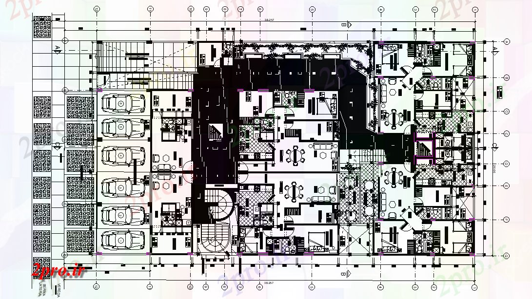دانلود نقشه هتل - رستوران - اقامتگاه هتل طرحی طبقه جزئیات 19 در 35 متر (کد166643)