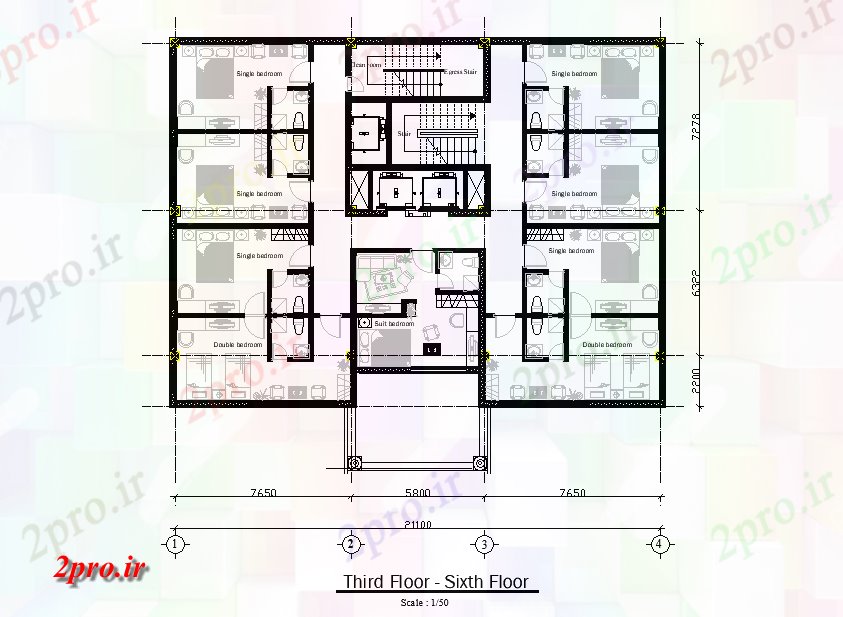 دانلود نقشه هتل - رستوران - اقامتگاه طرحی طبقه هتل 16 در 21 متر (کد166685)