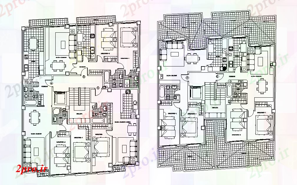 دانلود نقشه مسکونی  ، ویلایی ، آپارتمان  BHK و 2 BHK آپارتمان   خانه طرحی با مبلمان نشیمن  (کد166718)