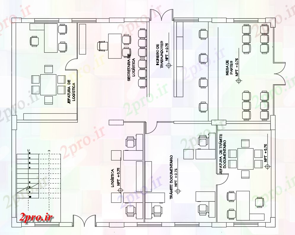 دانلود نقشه ساختمان اداری - تجاری - صنعتی دفتر طرحی طبقه با مبلمان چیدمان نشیمن 13 در 16 متر (کد166758)