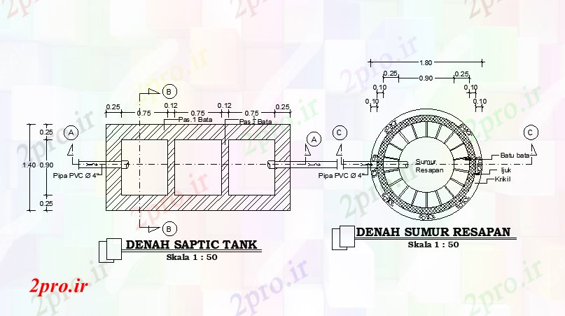 دانلود نقشه جزئیات داخلی Denah جزئیات سپتیک تانک    اتوکد ارائه    این 2 د  طراحی (کد166834)
