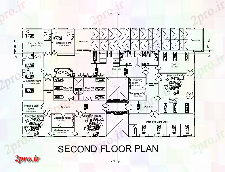دانلود نقشه بیمارستان - درمانگاه - کلینیک بیمارستان طبقه دوم 24 در 39 متر (کد167123)