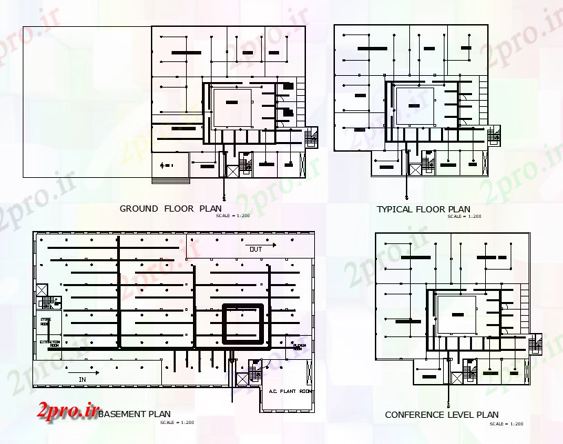 دانلود نقشه ساختمان اداری - تجاری - صنعتی طرحی زیرزمین دفتر شرکت طراحی دو بعدی اتوکد مشخص این 43 در 67 متر (کد167142)