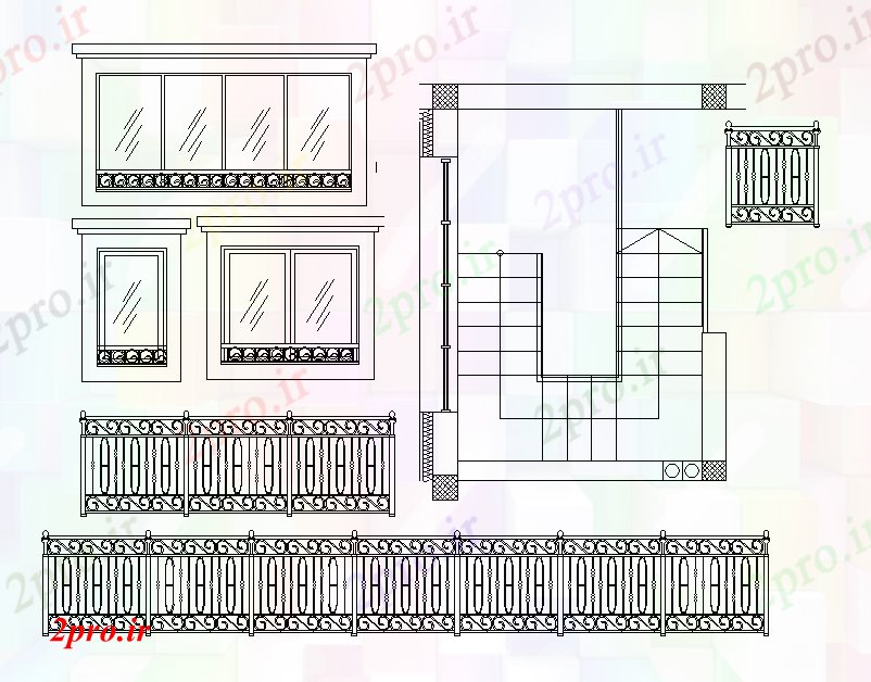 دانلود نقشه جزئیات معماری جزئیات نمای رسم از راه پله، نرده، پنجره تعریف    (کد167180)