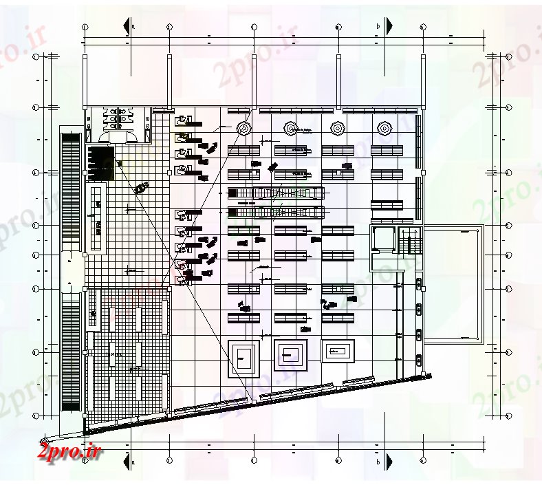 دانلود نقشه هایپر مارکت - مرکز خرید - فروشگاه مواد غذایی بازار 44 در 48 متر (کد167209)
